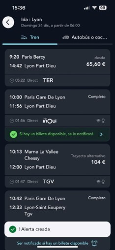 Pantalla de la página de resultados de la búsqueda de billetes en la aplicación SNCF Connect que ilustra la opción de alerta tren completo activada